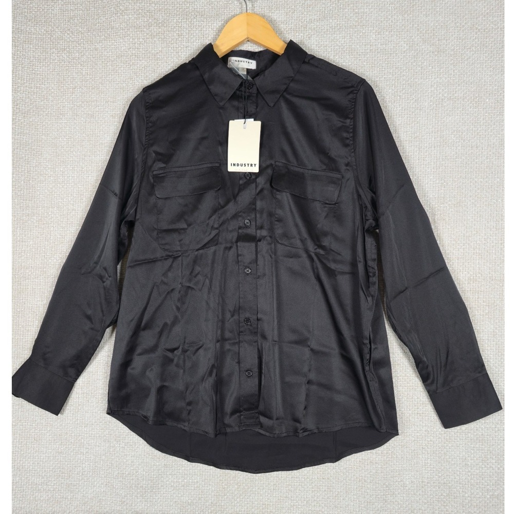 Industry Black Satin Button Down Shirt Womens Sz M Long Sleeve Utility Blouse